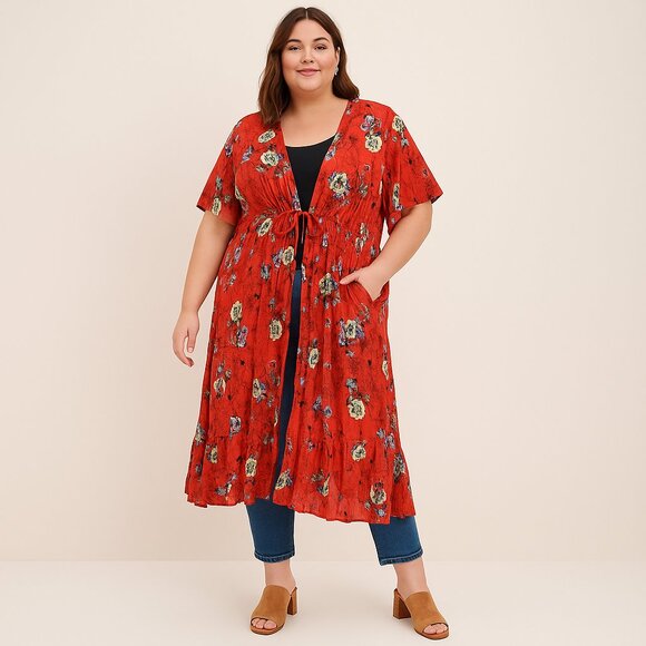 Torrid Red Floral Boho Open Tie Midi Dress Kimono – 4X - Picture 1 of 8